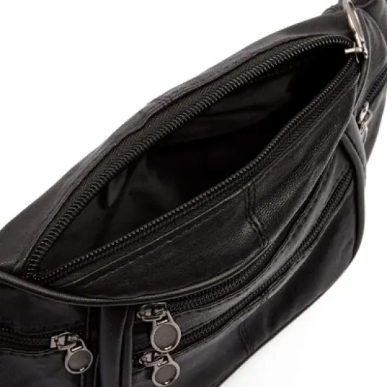 Juvale Fanny Pack, Genuine Sheep Leather Waist Bag Pouch with Multiple Pockets, for Travel Hiking Running Cycling, Black image {4}