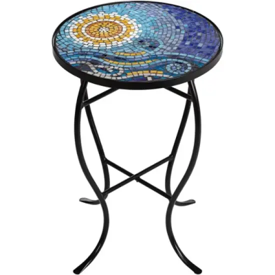 Teal Island Designs Modern Black Round Outdoor Accent Side Table 14" Wide Blue Ocean Mosaic Tabletop Front Porch Patio Home House image {4}