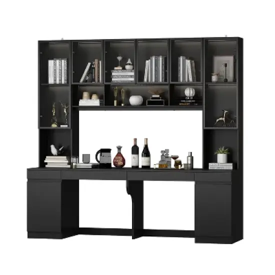 Famapy Black Spacious Double Desk Workstation Light Strips USB Ports image {1}