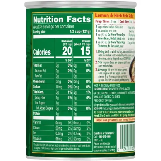 Del Monte No Salt Added French Style Green Beans - 14.5oz image {2}