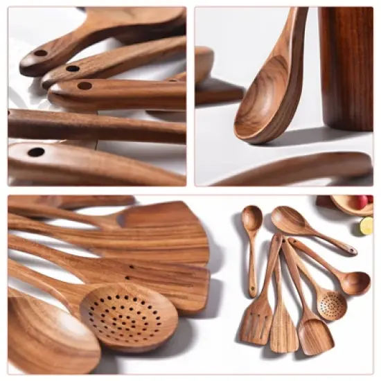 SUGIFT 13-Piece Wooden Kitchen Utensil Set &ndash; Acacia Wood Cooking Utensils with Holder, Spoon Rest, and Hanging Hooks image {5}
