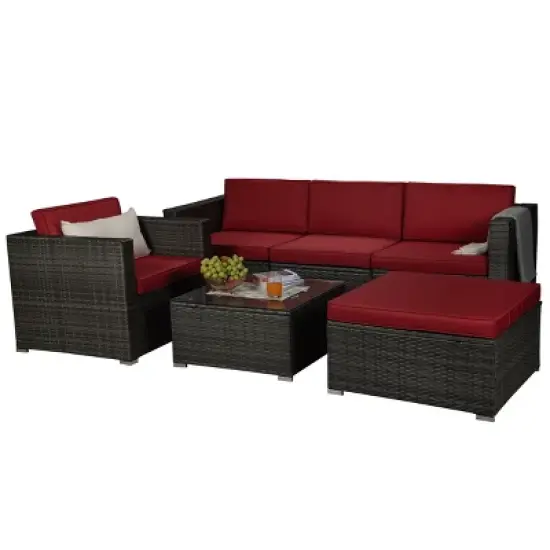 6pc Outdoor Rattan Wicker Conversation Set with Chairs, Coffee Table & Cushions - Gray/Red - GODEER image {10}