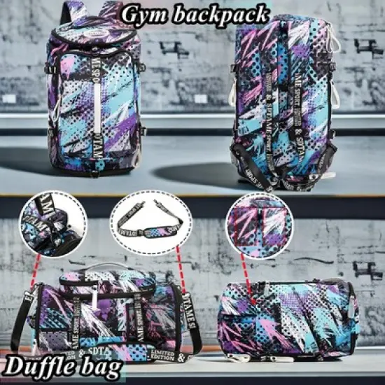 Gym Duffle Bag Backpack with Shoe Compartment,4 ways Travel Backpack for Women and Men image {3}