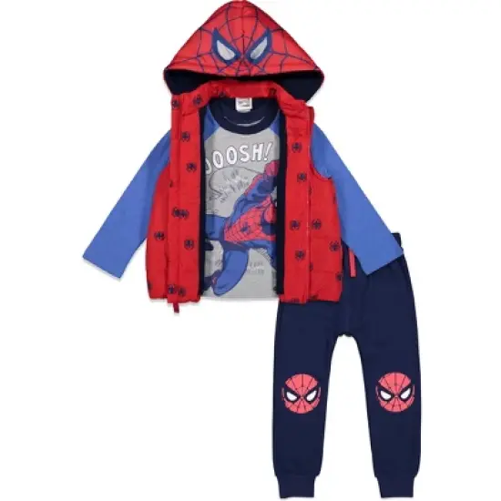 Marvel Avengers Spider-Man Baby Zip Up Vest Puffer T-Shirt and Jogger Pants 3 Piece Outfit Set Infant to Big Kid image {1}