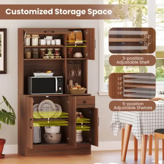 Costway 66" Pantry Cabinet Tall Kitchen Storage Cabinet with Charging Station Brown image {7}