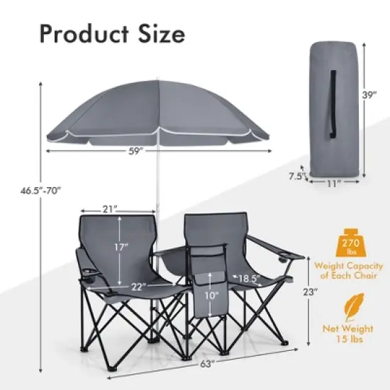 Portable Folding Picnic Double Chair W/Umbrella Table Cooler Beach Camping Turquoise\Black\Red\Gray image {3}