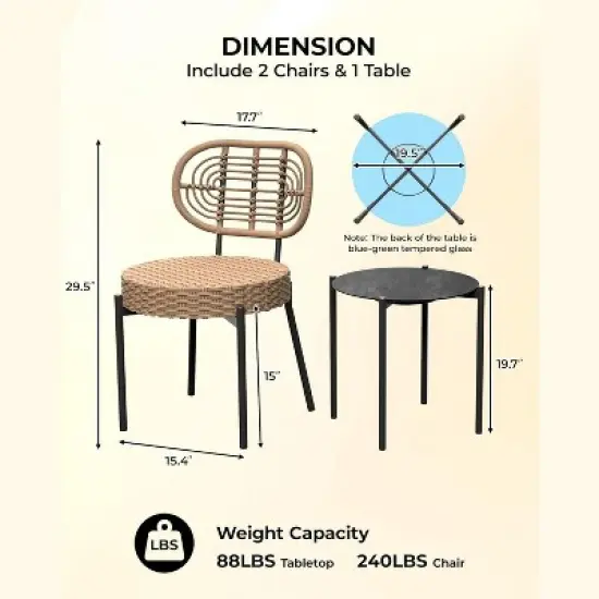 Acekool 3-Piece Wicker Bistro Set - 2 Chairs & Glass Table for Patio, Balcony & Small Spaces image {2}