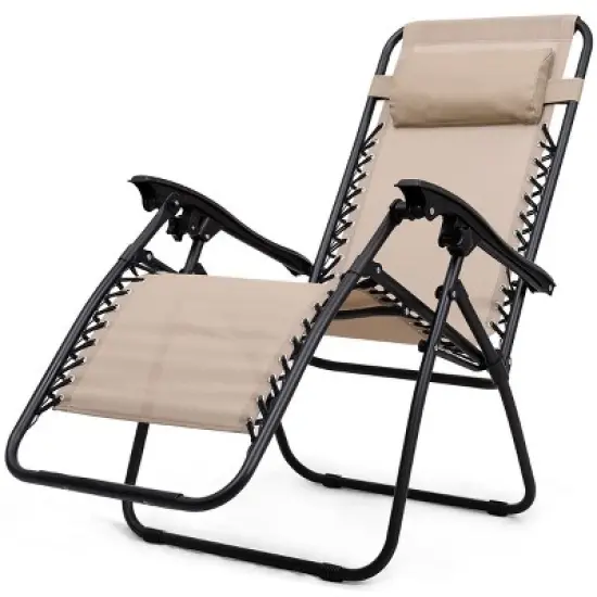 Costway 3PCS Zero Gravity Reclining Lounge Chairs Pillows Table Portable Folding Beige image {4}