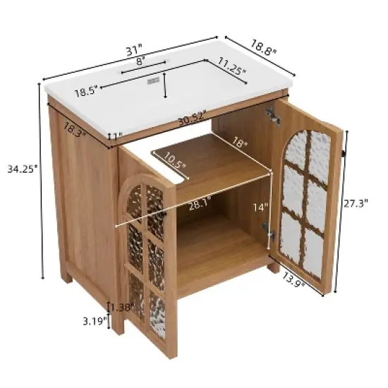 Christopher Knight Home Richter Vintage 31" Bathroom Vanity with Ceramic Sink, Tempered Glass Doors and Adjustable Shelves image {2}