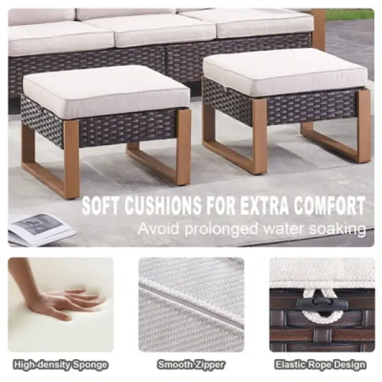 POCASSY 75" Wide Outdoor Sofa Outdoor Furniture Sets, All-Weather Brown Wicker Rattan Outdoor Couch with Ottomans and Cushions for Porch Balcony image {2}