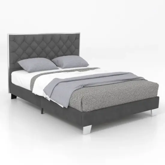 Costway  Upholstered Bed Mattress Foundation with Button Tufted Velvet Headboard image {9}
