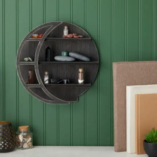 Farmlyn Creek Wooden Crescent Moon Wall Shelf, Rustic Wall Home Decor for Crystals & Essential Oils, Black, 12 x 12 x 3 In image {1}