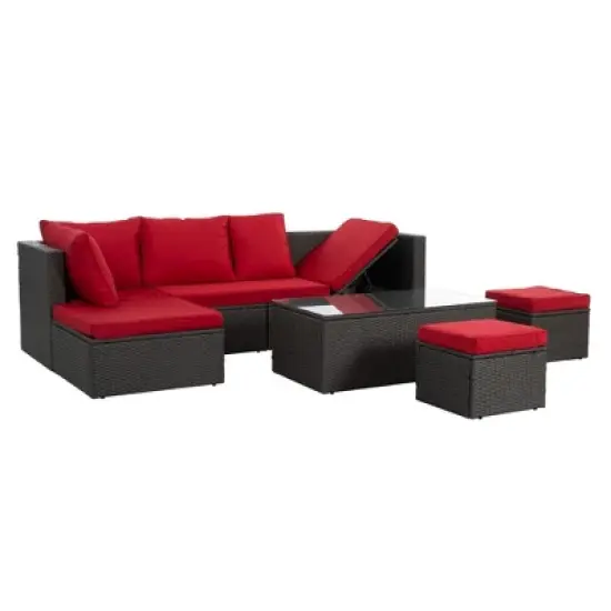 Syemin 7PCS Patio Seating Rattan Furniture Set Sectional Sofa Cushioned Garden, Tempered Glass Table, Red, 98.4"*28.3"*26.7" image {3}