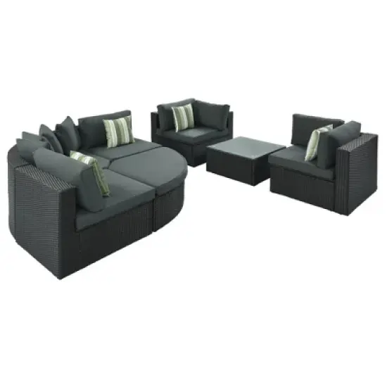 7pc Wicker Patio Seating Set with Cushions & Striped Pillows - Gray - GODEER image {9}
