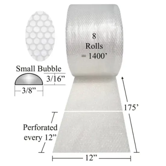 UOFFICE Bubble Roll Small 1400' x 12" Wide, with 3/16" Small Bubbles (8 Rolls 175' Each) image {1}