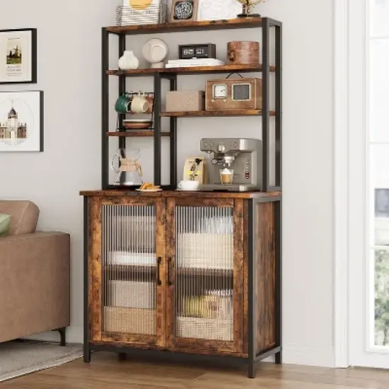 Bakers Rack with Cabinet, 5 Tier Microwave Stand 63.78", Baker Rack with Fluted Door Large Kitchen Oven Stand Tall Bar Cabinet, Retro Brown image {3}