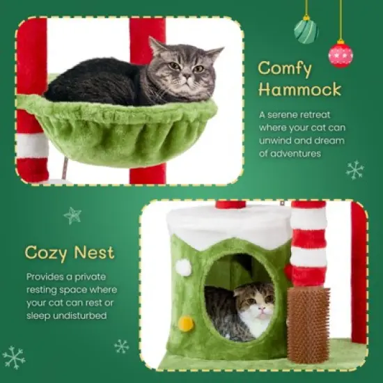 phiestina 32in Cat Scratching Posts Tower, Christmas Themed Plush Cat Tree with Hammock, Cat Massage Brush, Activity Center for Indoor Cats image {5}