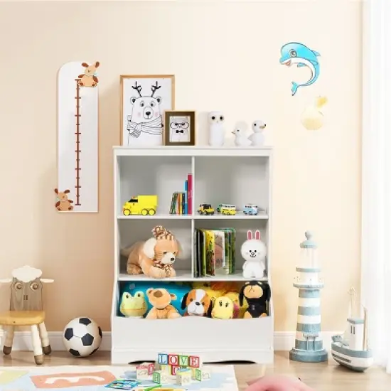 Costway 3-Tier Children's Multi-Functional Bookcase Toy Storage Bin Floor Cabinet GreyWhite image {3}