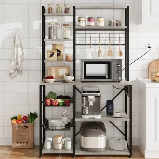 70.1" Bakers Rack with Power Output, Coffee Bar Station with 2 Big Metal Basket, Large Storage Rack, Microwave Stand, Coffee Stand Station image {8}