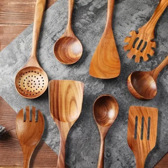 SUGIFT 9pc Non-Toxic Kitchen Utensils Set Natural Teak Wooden Cooking Utensils Set image {1}