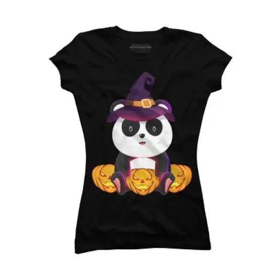 Junior's Design By Humans Cute Panda Mock up Witch With Jack O Lantern Halloween T-Shirt By thebeardstudio T-Shirt image {3}