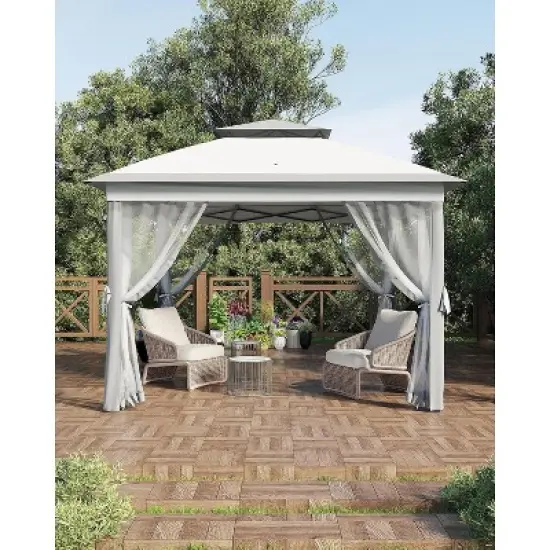 11'x11' Outdoor Metal Gazebo with Mosquito Netting & Zipper Door, UV & Water Resistant Canopy Shelter, Ideal for Backyard, Garden, Deck image {7}