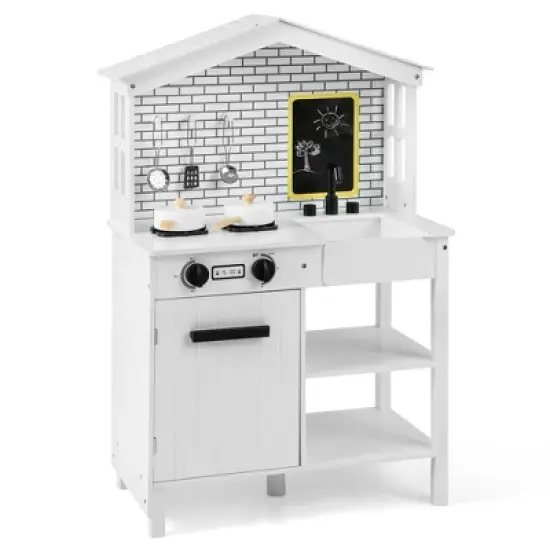 Costway Kids Farmhouse Kitchen Play Set Wooden Pretend Toy with Storage & Accessories image {9}