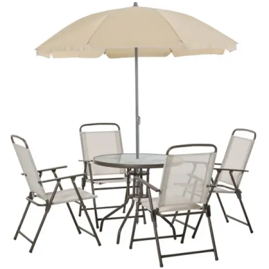 Outsunny 6 Piece Patio Dining Set for 4 with Umbrella, 4 Folding Dining Chairs & Round Glass Table for Garden, Backyard and Poolside image {3}