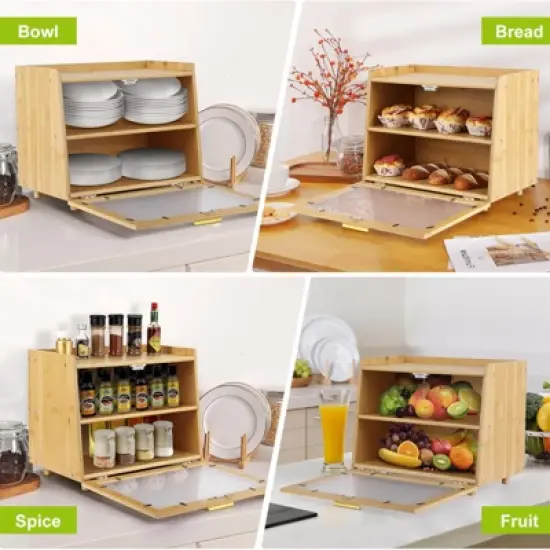 Bread Box, Double Layer Bamboo Kitchen Countertop Storage - Farmhouse Container with Window, Large Capacity for Bread, Rolls (Natural & Gold) image {4}