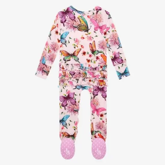 Infant Watercolor Butterfly Footie Ruffled Zippered One Piece - Posh Peanut image {8}