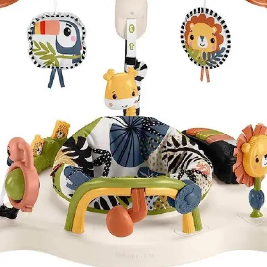 Fisher-Price Palm Paradise Jumperoo Adjustable Baby Bouncer Activity Center with Swivel Seat, Lights, Sounds, Music, and Developmental Toys image {1}