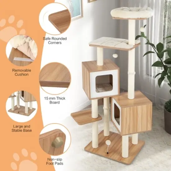 Costway 64.5'' Multi-layer Wooden Cat Tree Indoor Tower Activity Play Center Cat House image {7}