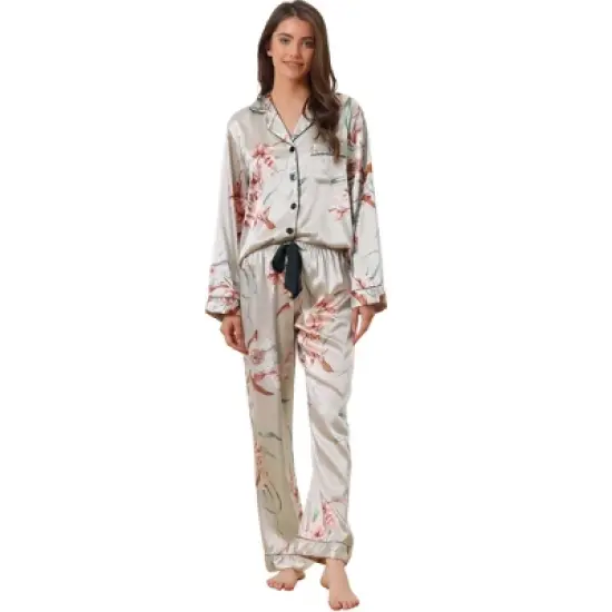 cheibear Women's Satin Floral Button Down Long Sleeve Lounge Set 2 Pcs image {7}