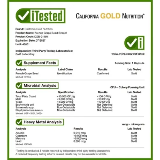 California Gold Nutrition French Grape Seed Extract, Vitaflavan&reg;, 100 mg, 120 Veggie Capsules image {3}
