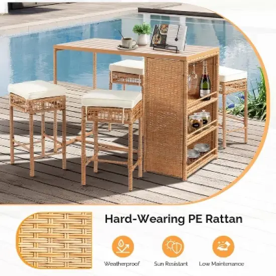VINGLI 5 Piece Patio Wicker Bar Set, Outdoor Bar Height Table & 4 Rattan Bar Stool Chairs Outdoor Dining Bistro Set for Backyard, Balcony, and Pool image {1}