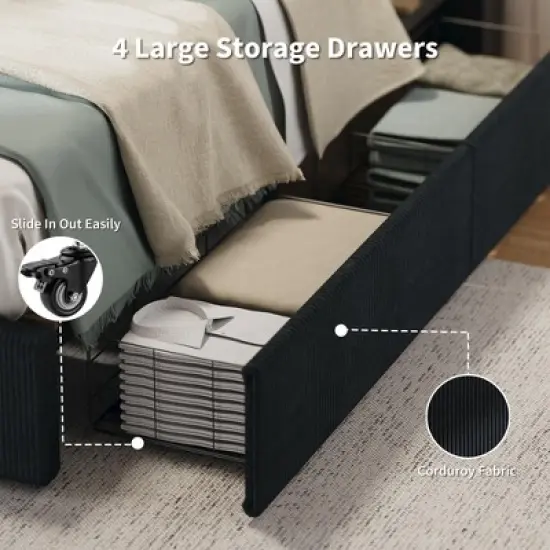 King Size Bed Frame with Tall Tufted Wingback Headboard, Platform Velvet Upholstered King Bed Frame with 4 Storage Drawers and Wooden Slats Support image {1}