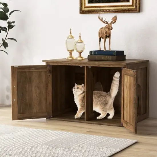 Tangkula Cat Litter Box Enclosure w/ Double Barn Doors Removable Divider Middle Entry image {1}