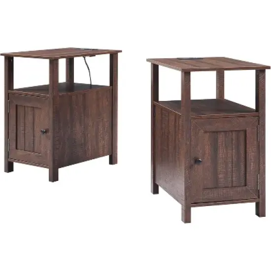 SinCiDo Farmhouse Set of 2 Nightstands w/Charging Station, Wood End Table with Barn Door & Open Shelves for Bedroom, Living Room image {6}