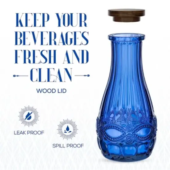 Elle Decor Color Glass Carafe with Wood Lid, Leak-Proof Glass Pitcher for Water, Juice, Mimosa Bar, Iced Tea,1 Liter, Dishwasher Safe, Blue image {5}