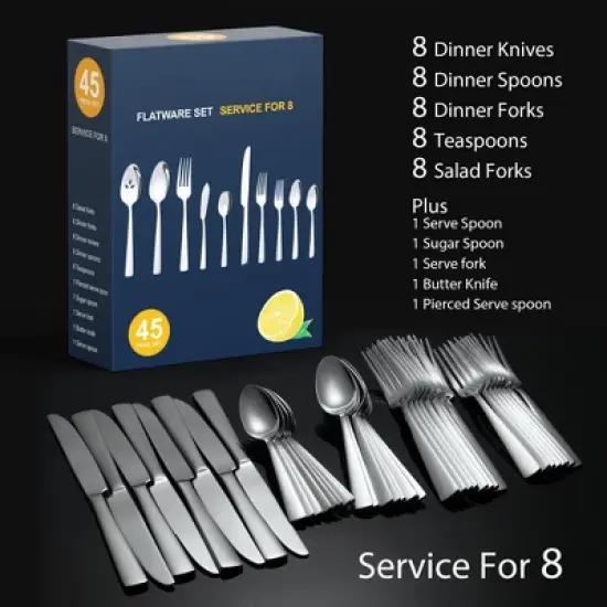 Itopfox 45-Piece Silverware Set, Durable Stainless Steel Flatware for 8, Ergonomic Design with Steak Knives, Rust-proof, Dishwasher Safe Kitchen image {1}