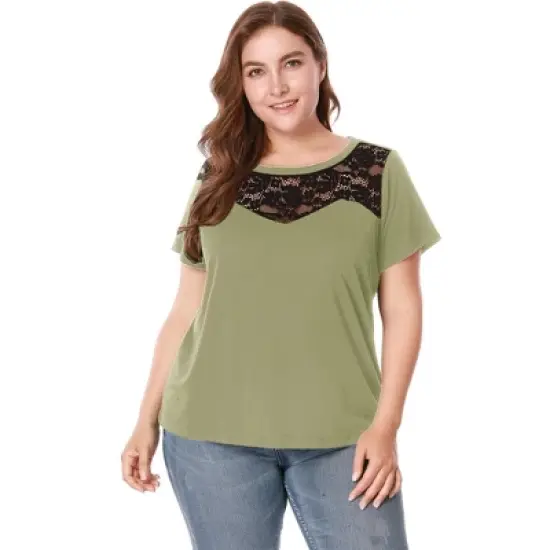 Agnes Orinda Women's Plus Size Lace Insert Short Sleeves Round Neck T-shirts image {8}