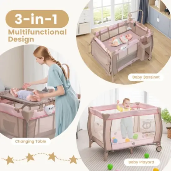 Infans Portable Baby Playard Nursery Center Crib Bassinet w/ Hanging Toys & Music Box image {6}