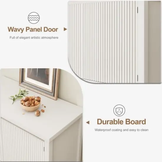 GustoWave Modern Console Table with Storage, White Entryway Cabinet with Wave Pattern Doors and Open Shelf, Wooden Buffet Sideboard Sofa Table image {8}