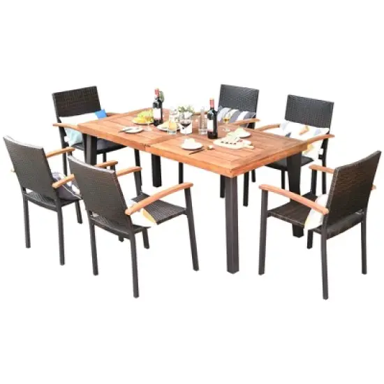 Costway 7PCS Patio Rattan Dining Set Acacia Wood Table Top Stackable Chairs image {7}