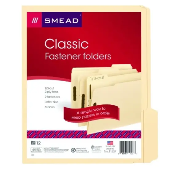 Smead Fastener File Folder, 2 Fasteners, Reinforced 1/3-Cut Tab, Letter Size, Manila, 12 per Pack (11537) image {7}