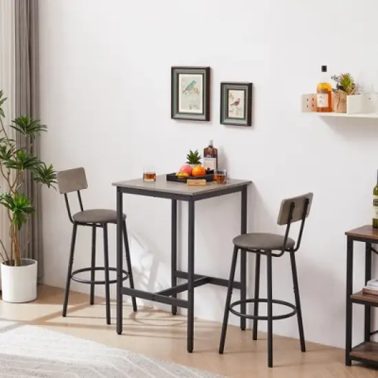 SKRAN Set of 3 Industrial Bar Table and Chairs, Square Pub Table with 2 Stools & Backrest,Counter Height set for Dining Room Small Space image {1}