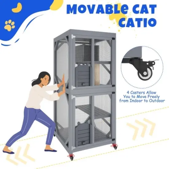 Outdoor Cat Enclosure - 4 Tiers on Wheels with Weatherproof Roof, Platforms, Resting Box, Scratch Post (68'' Window Catios) image {6}