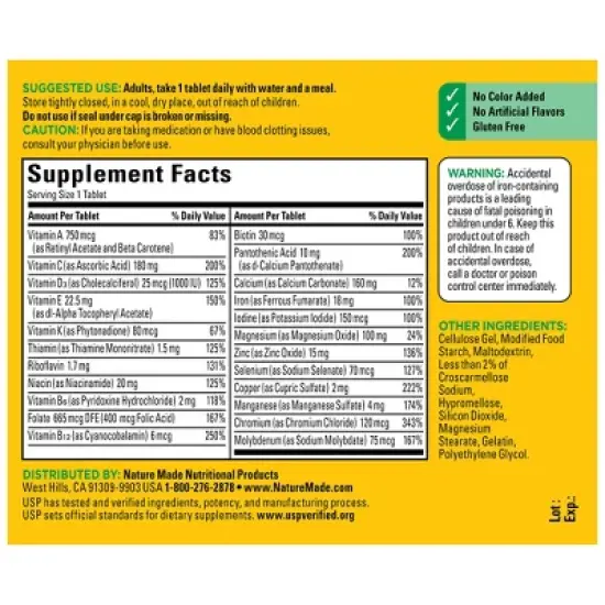 Nature Made Complete Multivitamin Mineral with Iron Nutritional Support Tablets - 130ct image {2}