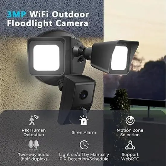 R.W.FLAME Floodlight Camera,  2300LM LED, 2K HD, 2-Way Audio, IP65, 110dB Siren, Night Vision, Cloud & Local Storage image {2}