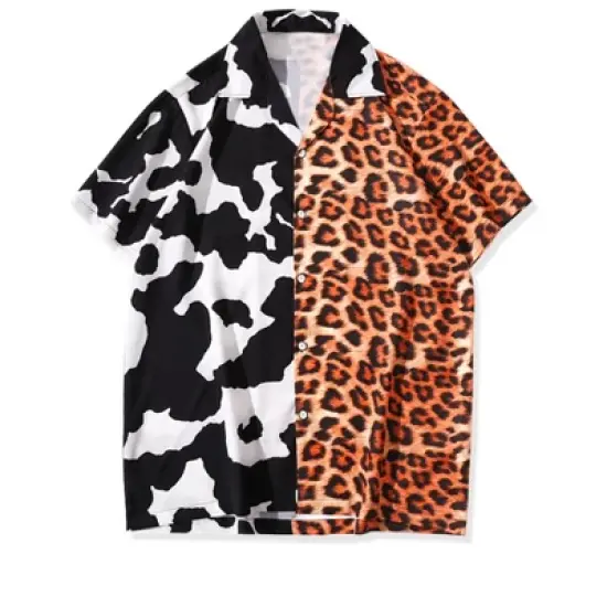 Lars Amadeus Men's Irregular Printed Summer Short Sleeve Button Down Hawaiian Camp Collar Patchwork Shirt image {7}